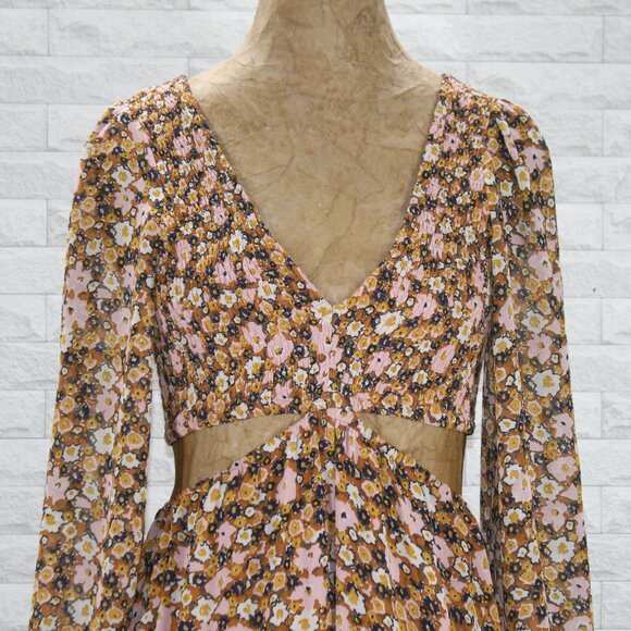 LUSH Dress Floral Fall Cut Out Bare Midriff Shirred Elastic Long Sleeve Boho SM - Picture 2 of 14